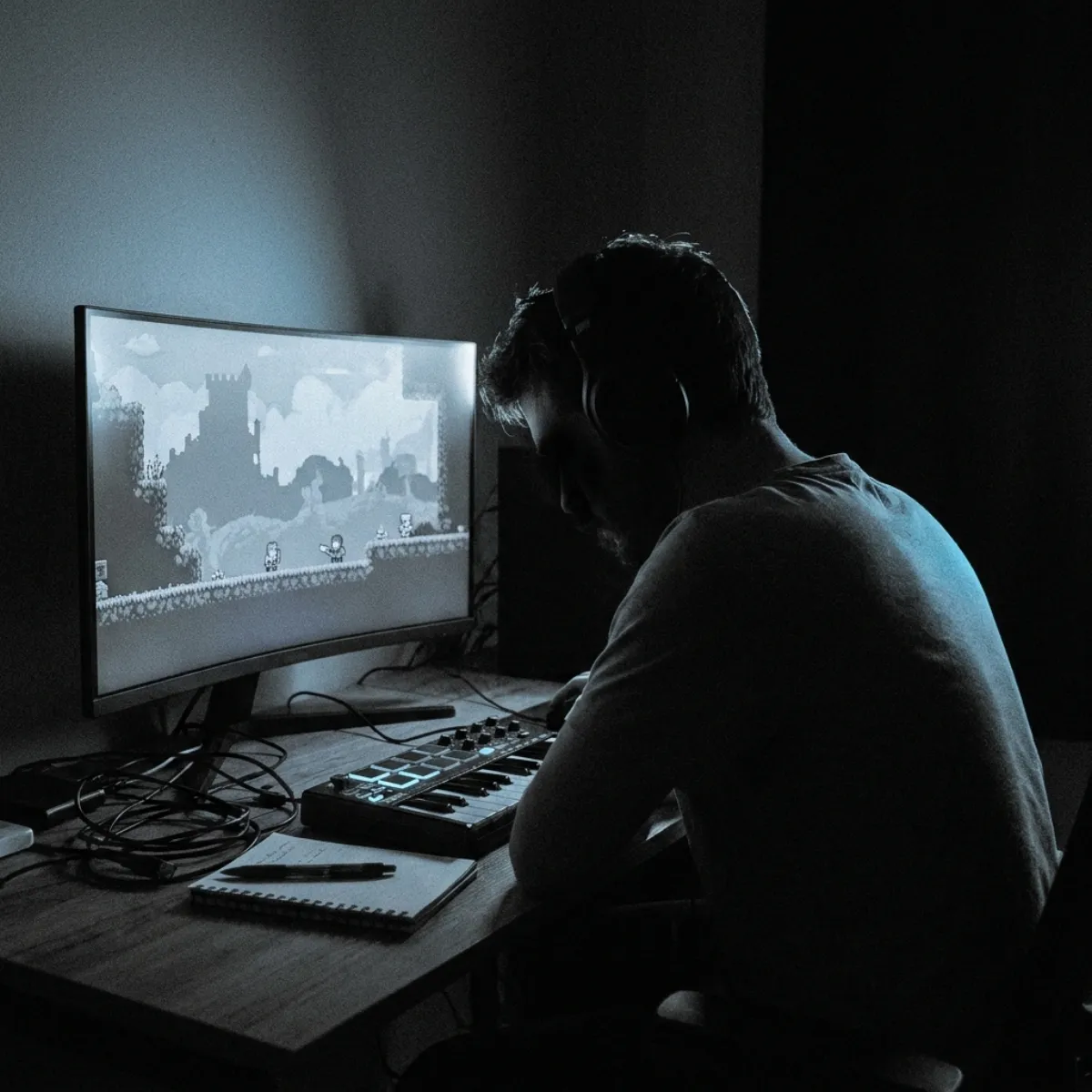 A game controller in front of a monitor showing a pixel-art scene
