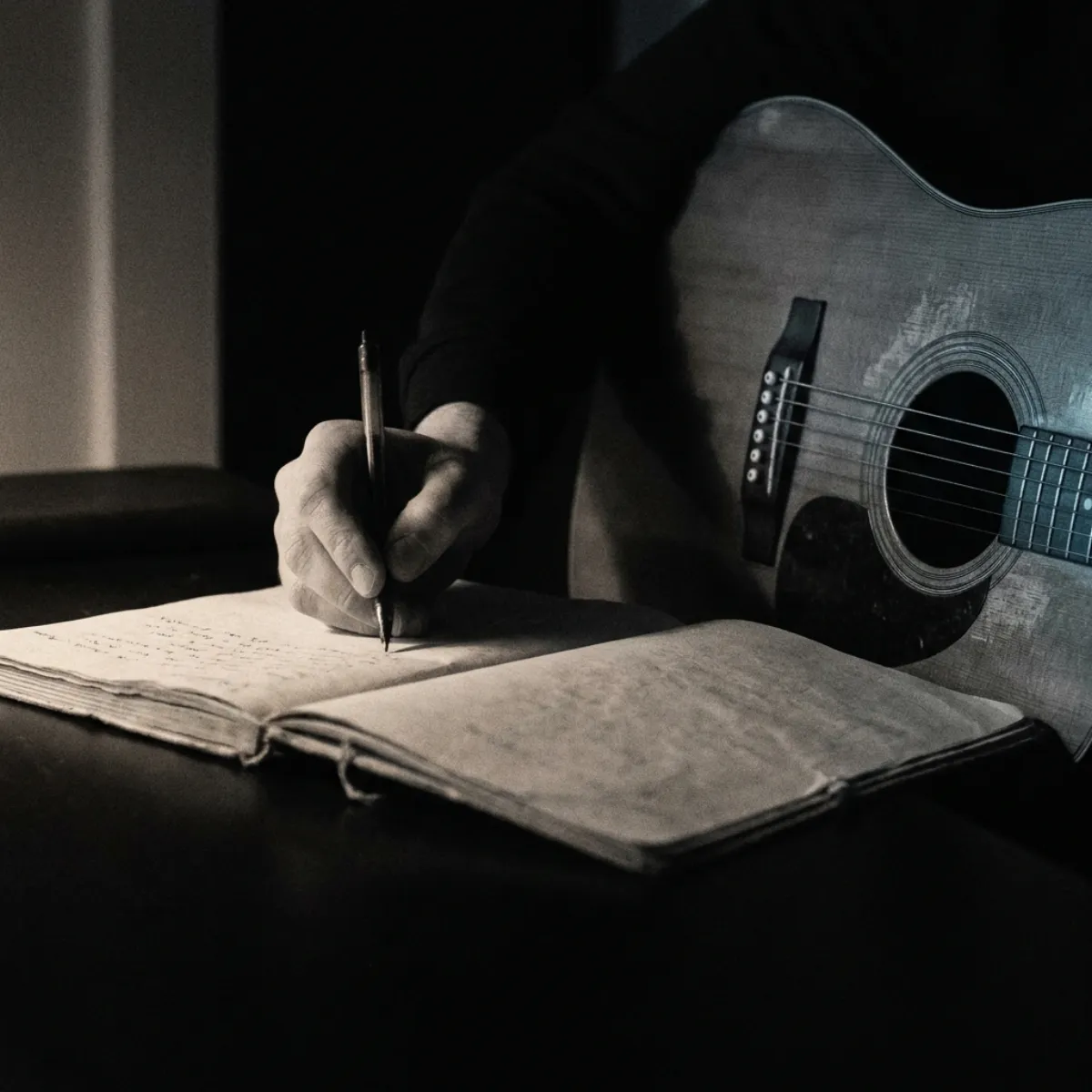 A notebook of handwritten lyrics next to headphones