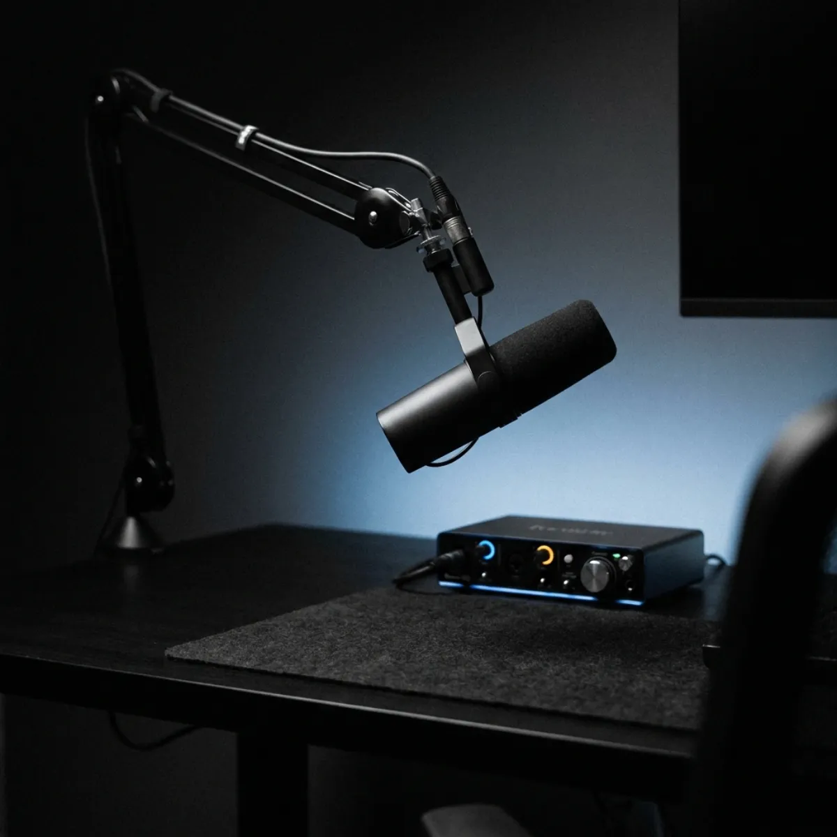 A podcast microphone in a dim home studio