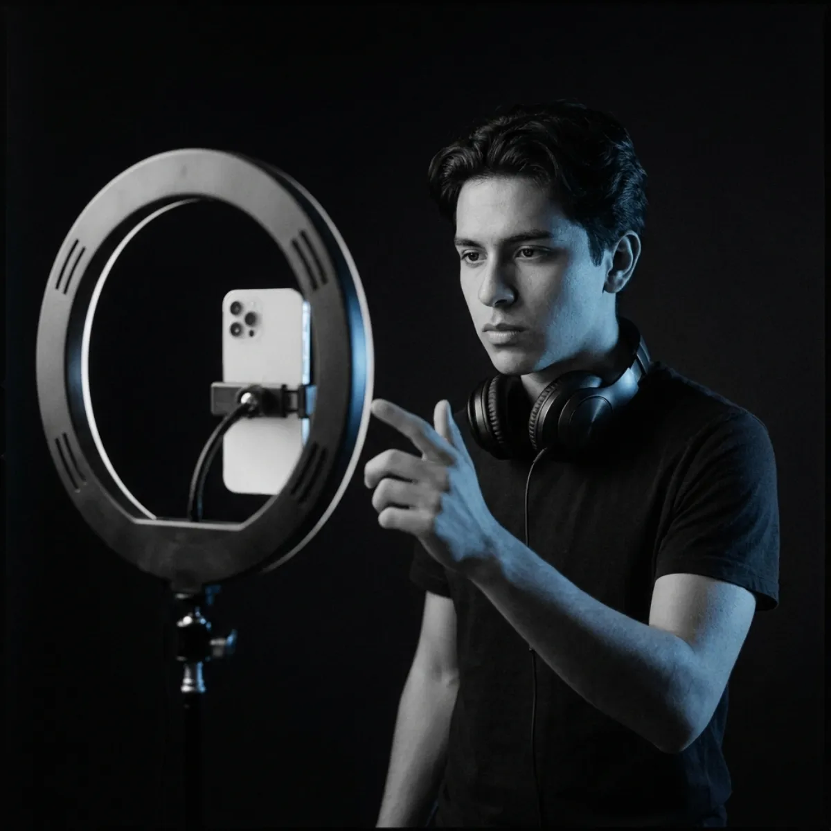 A creator filming a short vertical video with a song playing